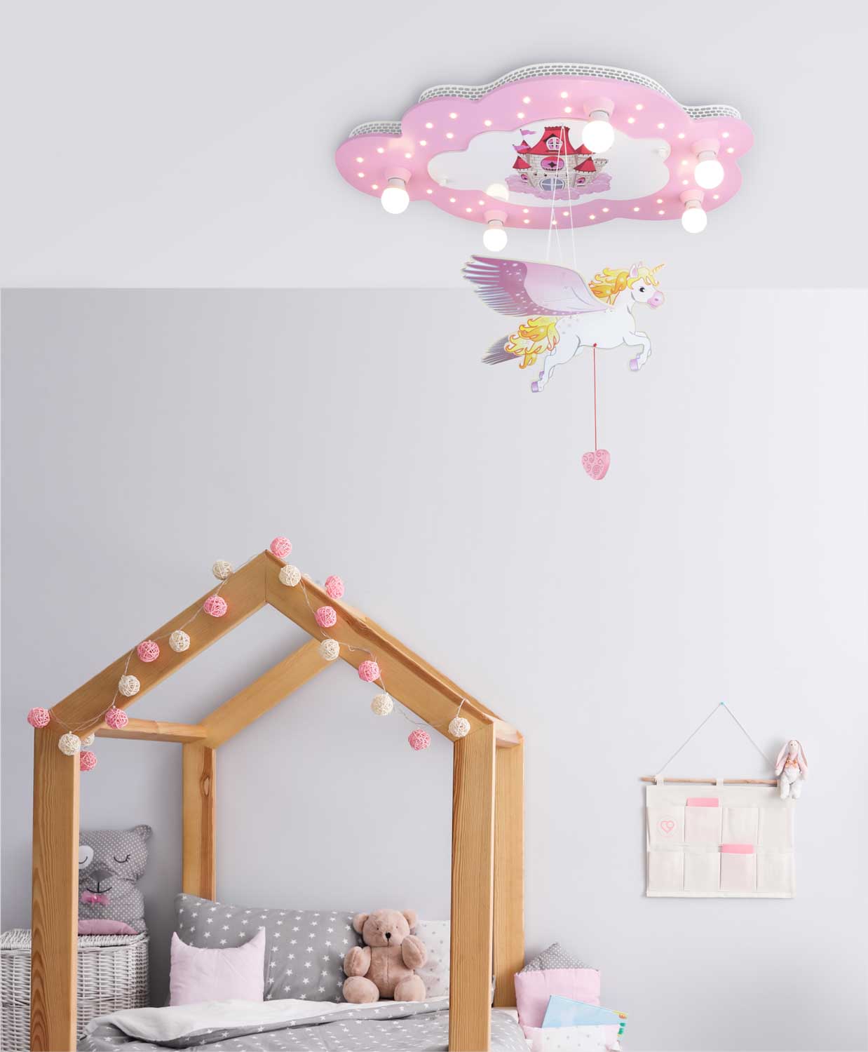 Elobra Bildwolke Zámek s jednorožcem stropní lampa růžová