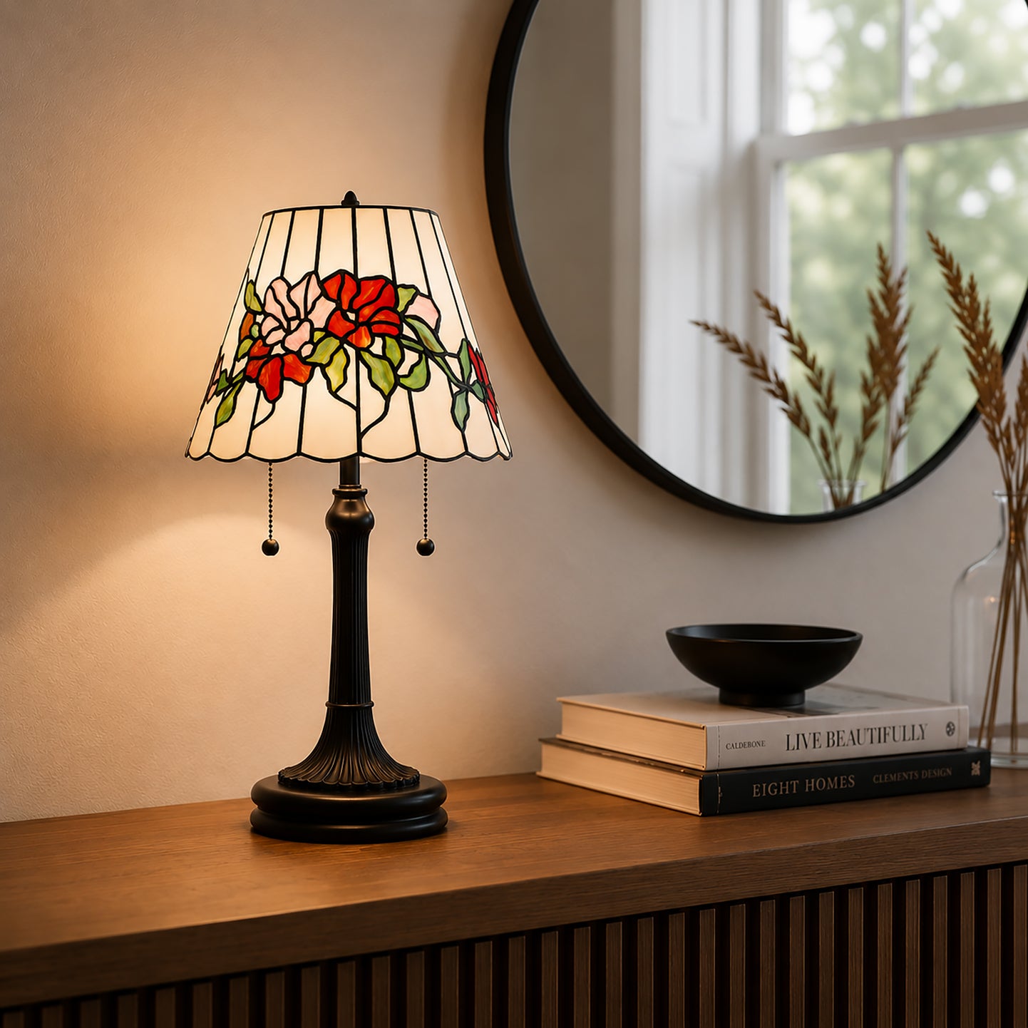 Quoizel Aurora stolní lampa černá tiffany sklo