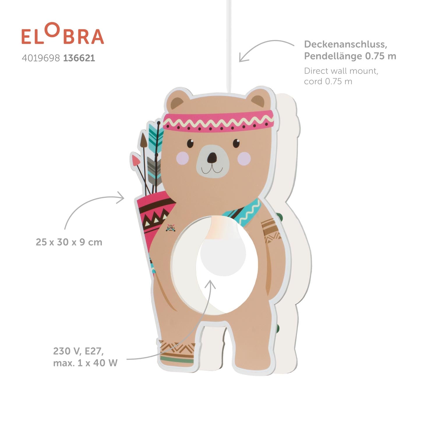 Elobra Little Indians Bär Bjørn závěsná lampa dřevo