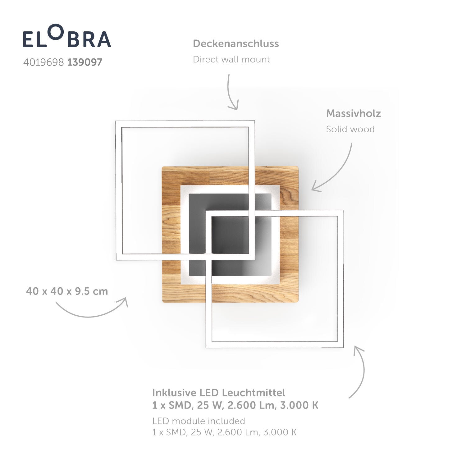 Elobra Panama M stropní svítidlo dubové 2600 lm