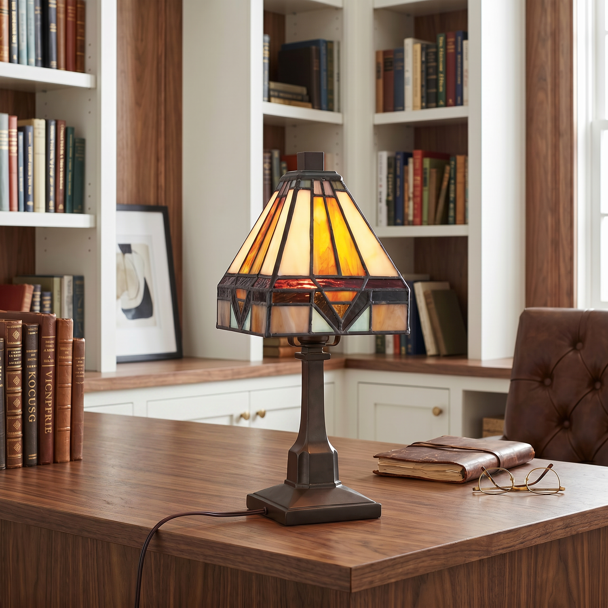 Quoizel Holmes stolní lampa tiffany vintage bronz