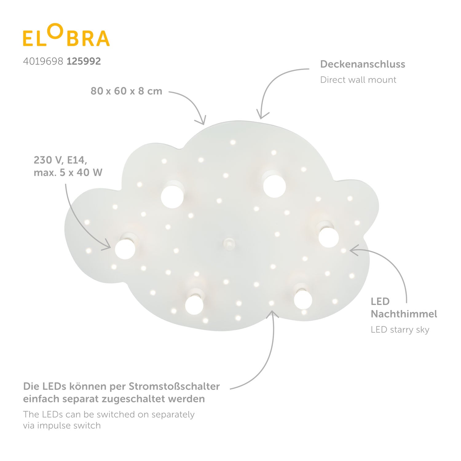 Elobra Wolke L stropní svítidlo dřevěné s nočním světlem