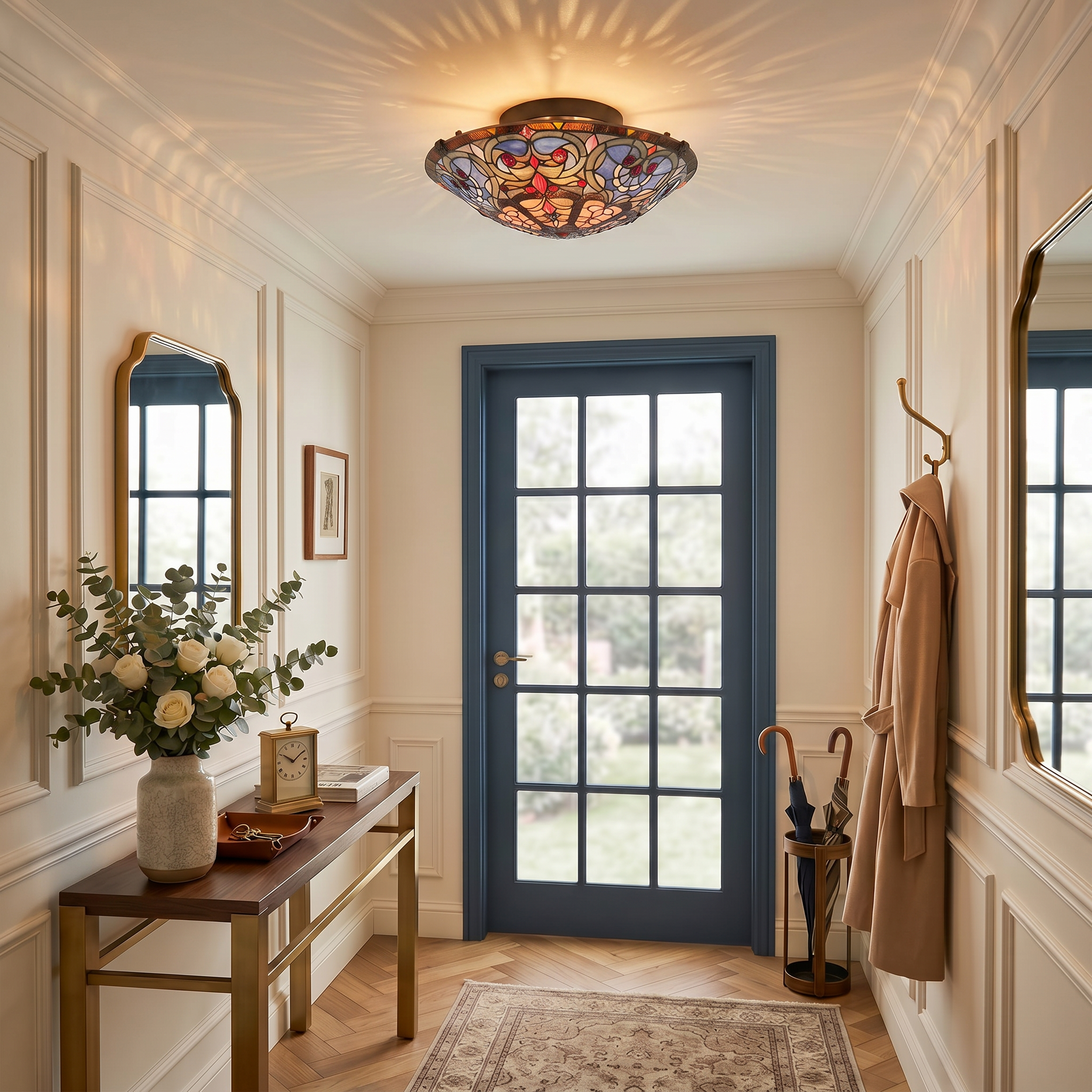 Quoizel Carroll Flush Mount stropní svítídlo vintage bronze vitráž