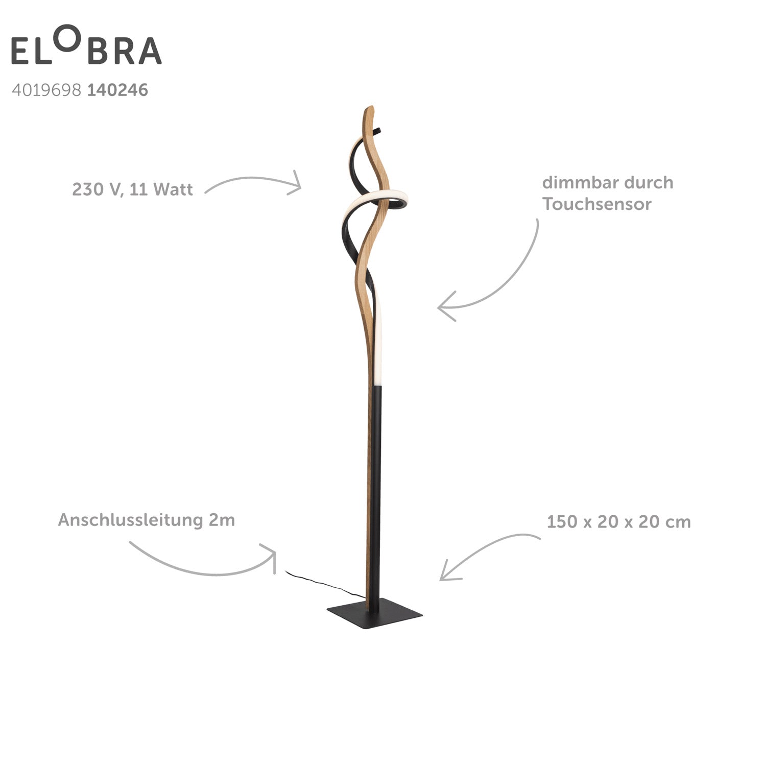 Elobra Argentina stojací lampa 150 cm dub černá
