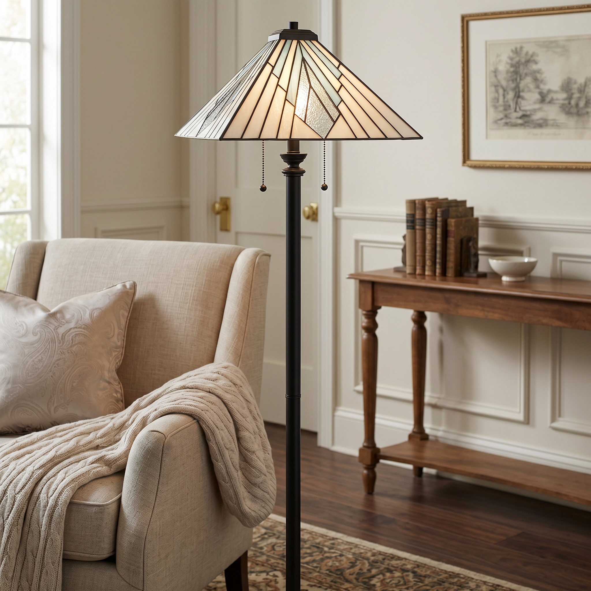 Quoizel Duvane stojací lampa matná černá vitráž