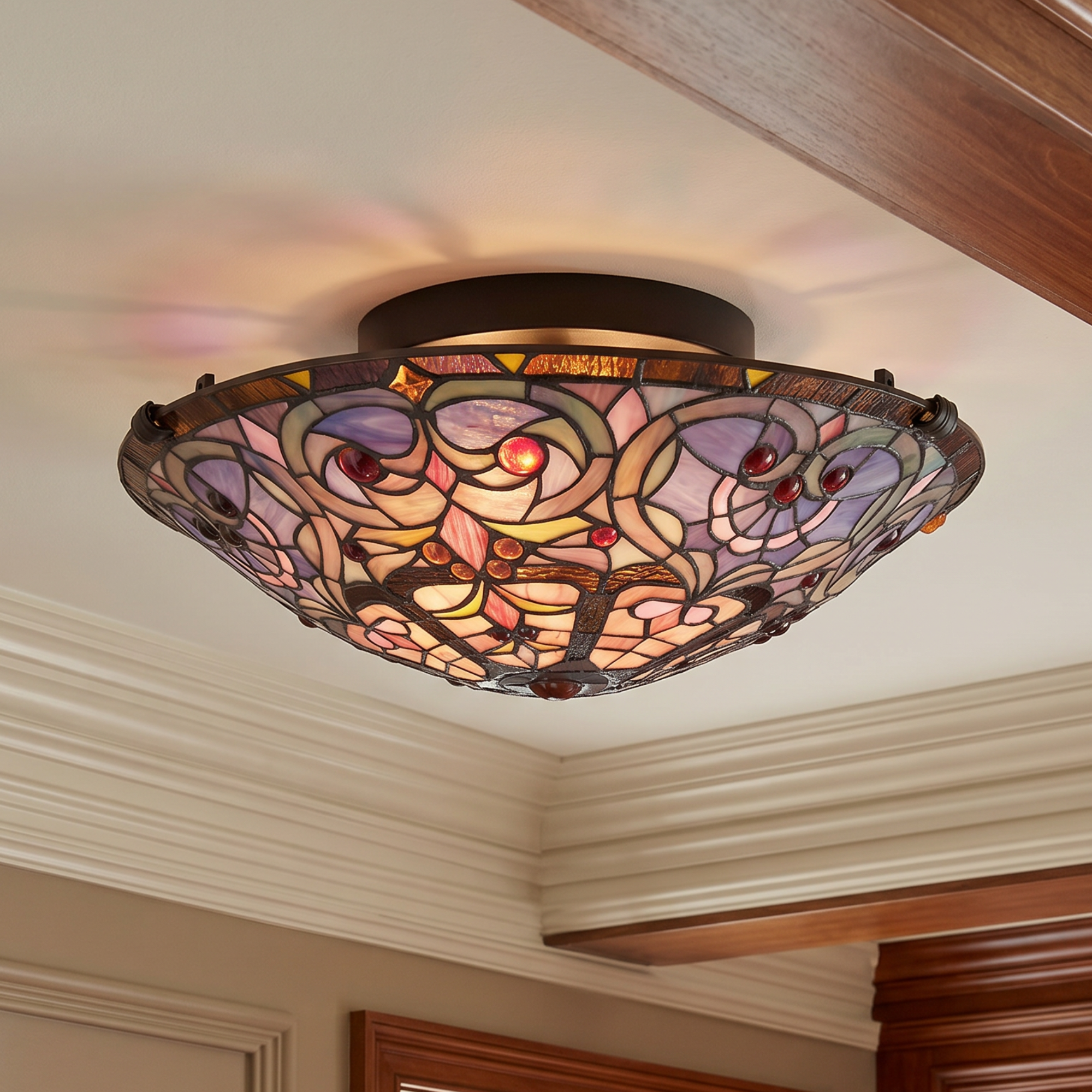 Quoizel Carroll Flush Mount stropní svítídlo vintage bronze vitráž