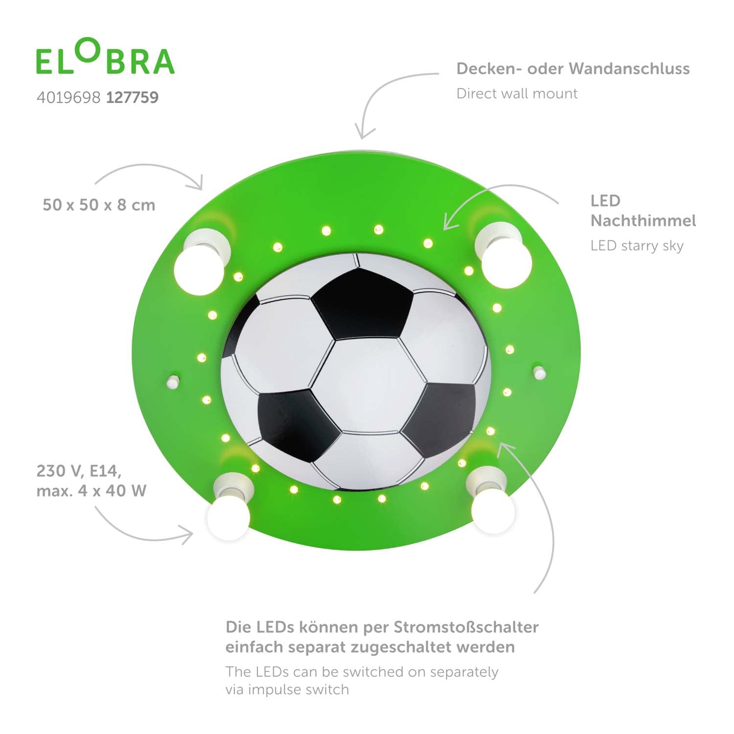 Elobra Fußball stropní svítidlo zeleno-bílé