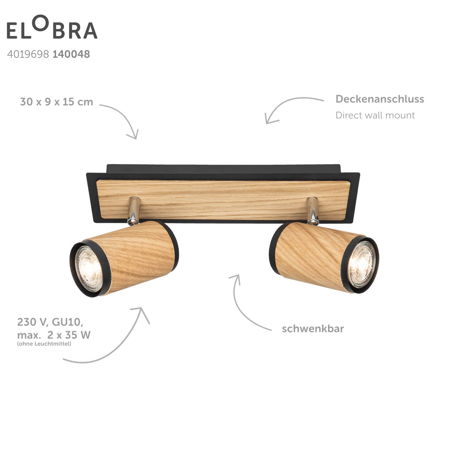 Elobra Bolivia 2 stropní svítidlo dubové