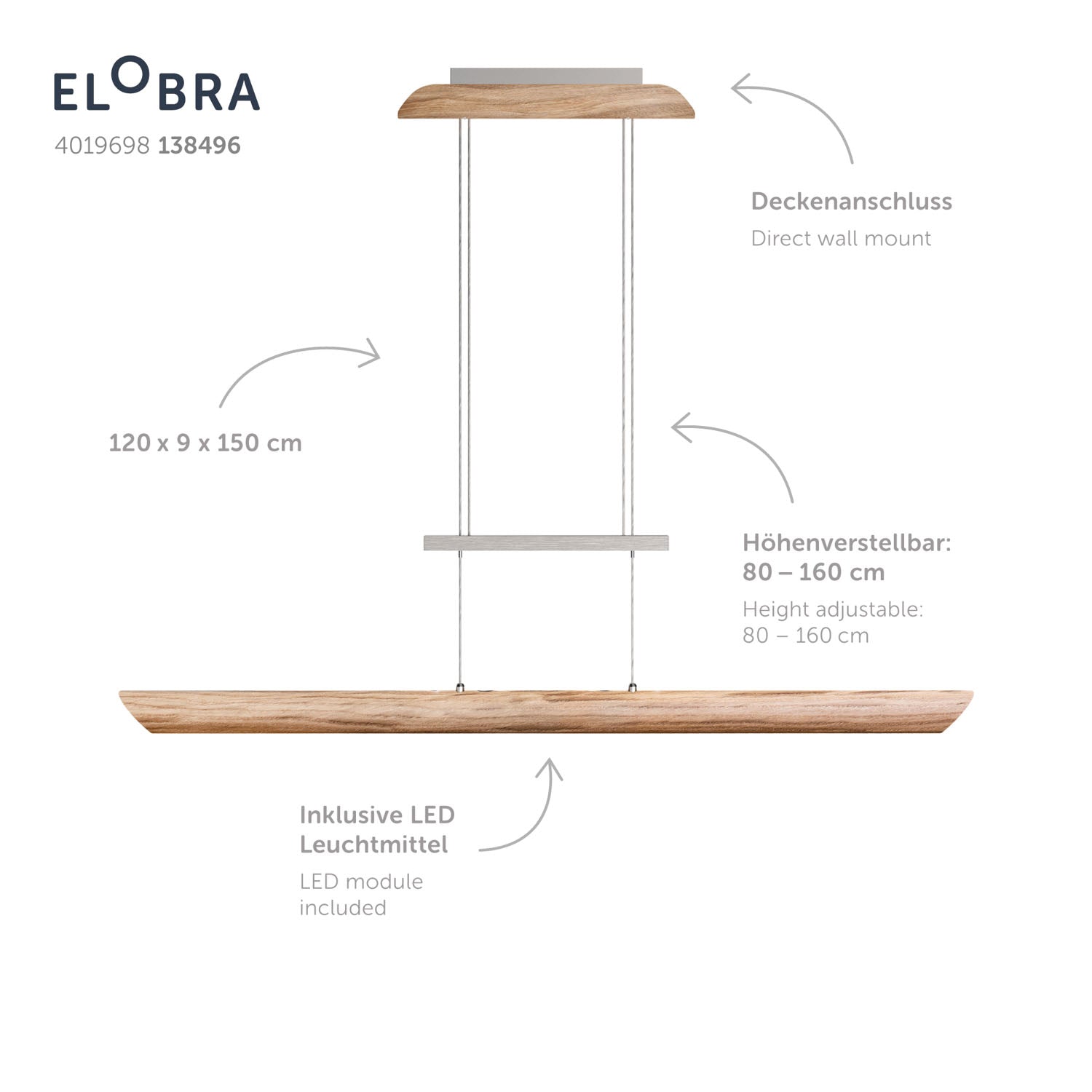 Elobra Colombia S závěsné svítidlo dub 120 cm