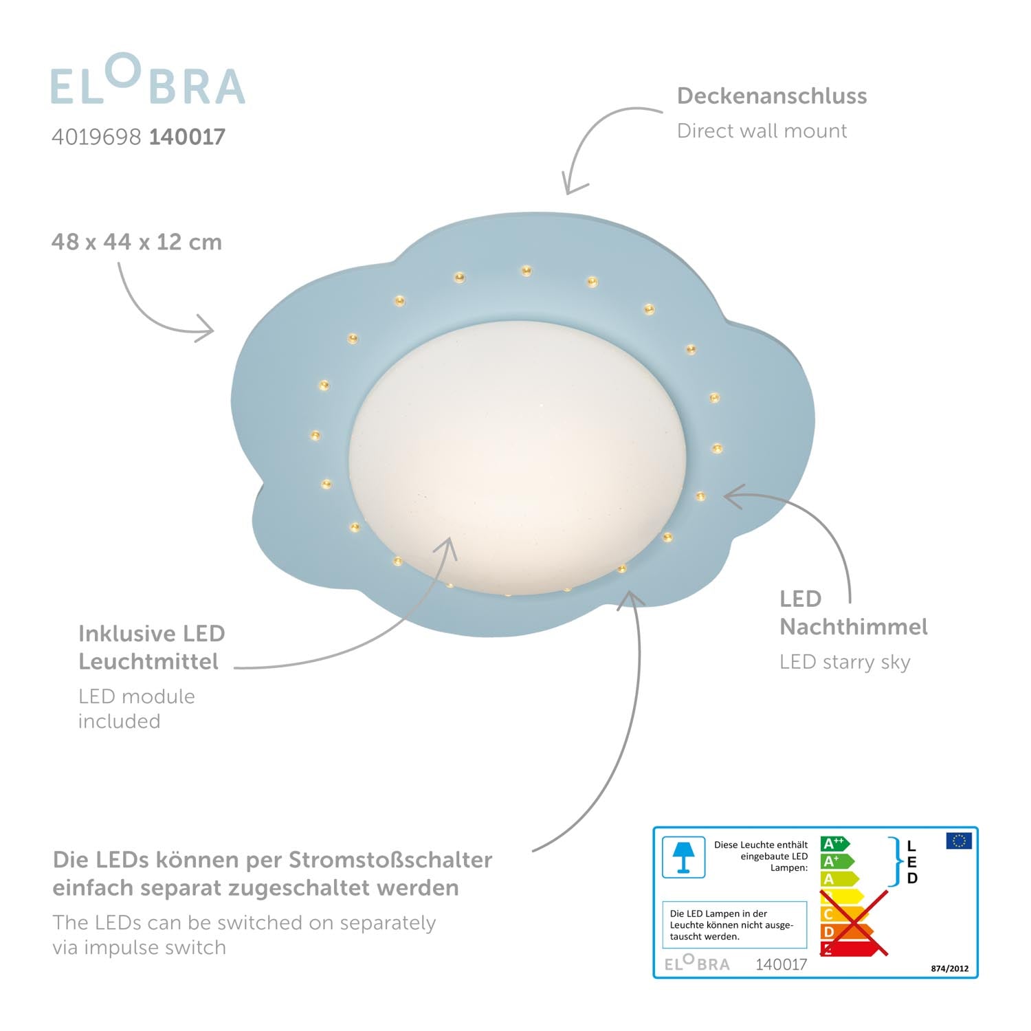 Elobra Wolke S LED stropní svítidlo světle modré