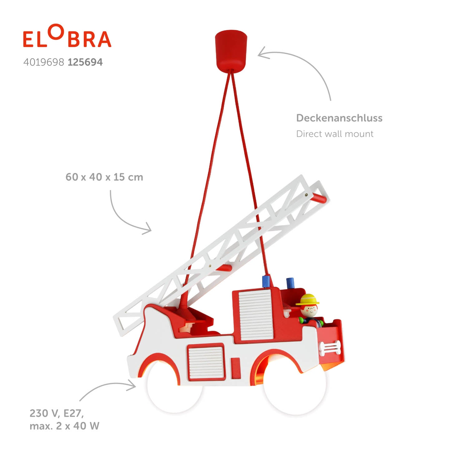 Elobra Feuerwehr Fred závěsný lustr červený 60 cm