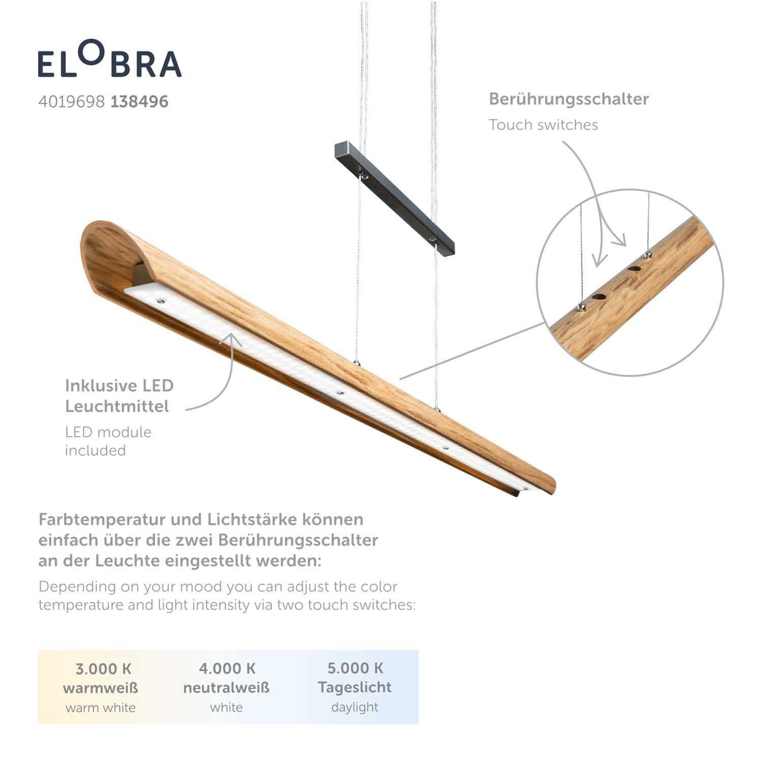Elobra Colombia S závěsné svítidlo dub 120 cm