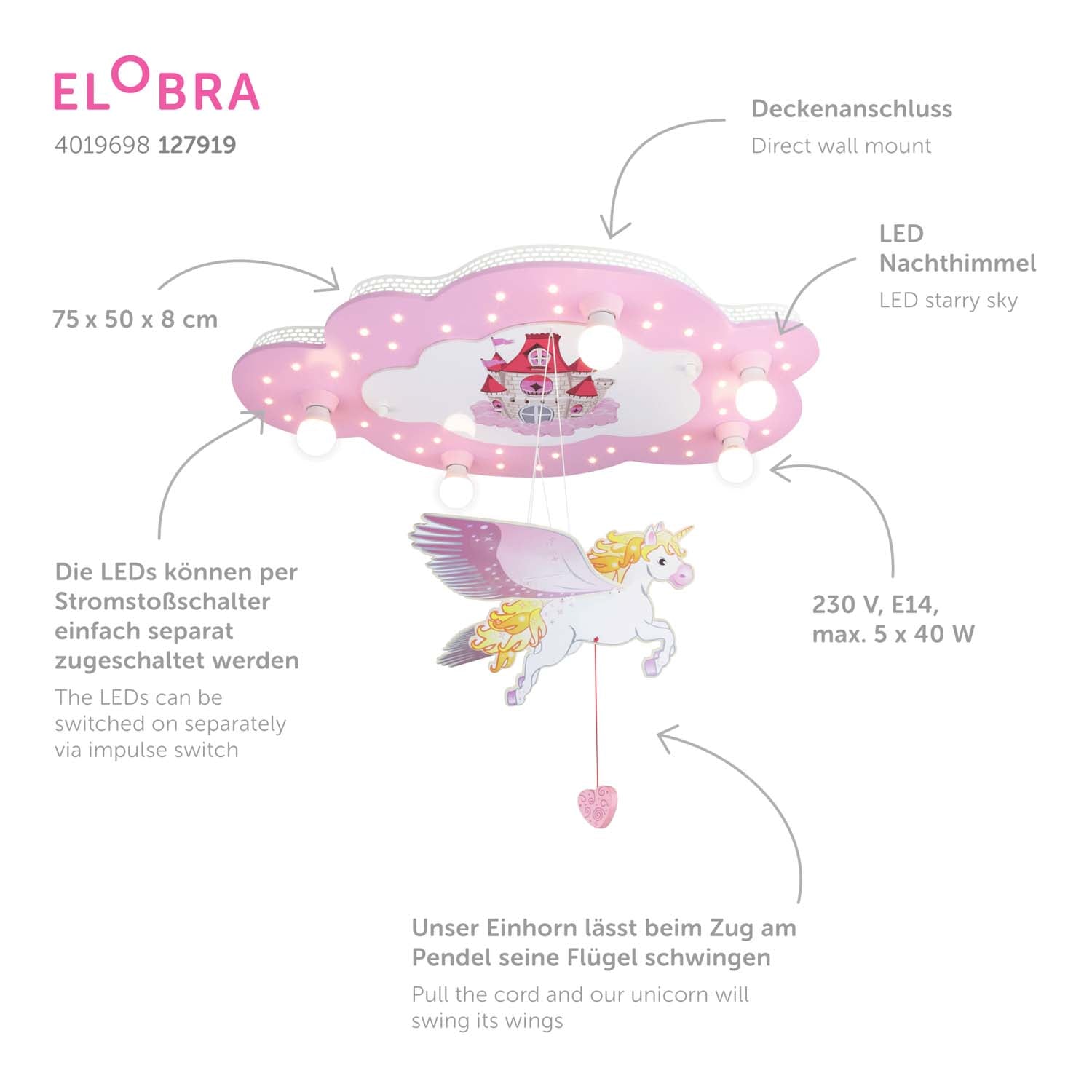 Elobra Bildwolke Zámek s jednorožcem stropní lampa růžová