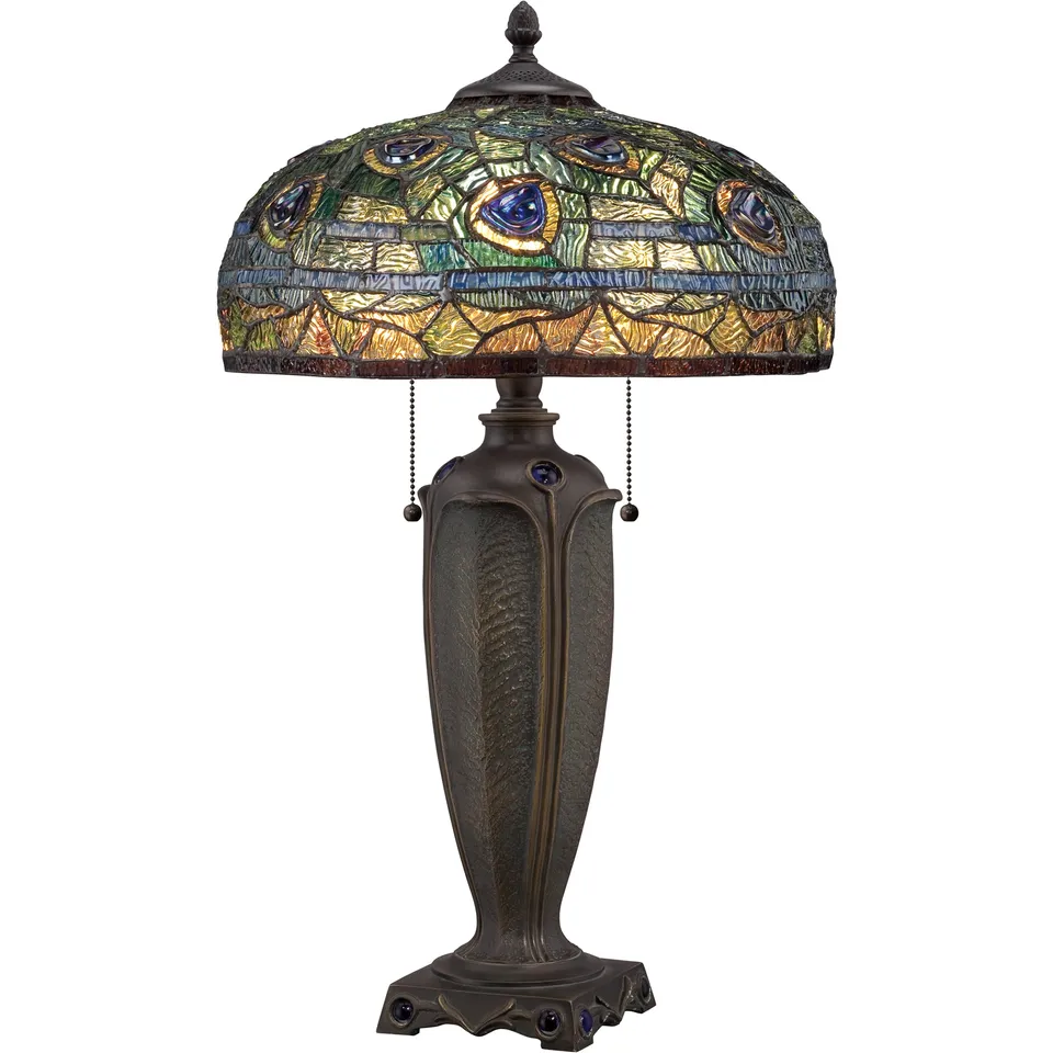 Quoizel Lynch stolní lampa bronzová vitrážová Tiffany