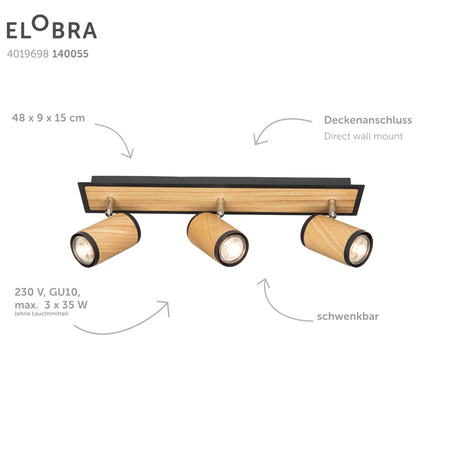 Elobra Bolivia 3 stropní svítidlo dubové