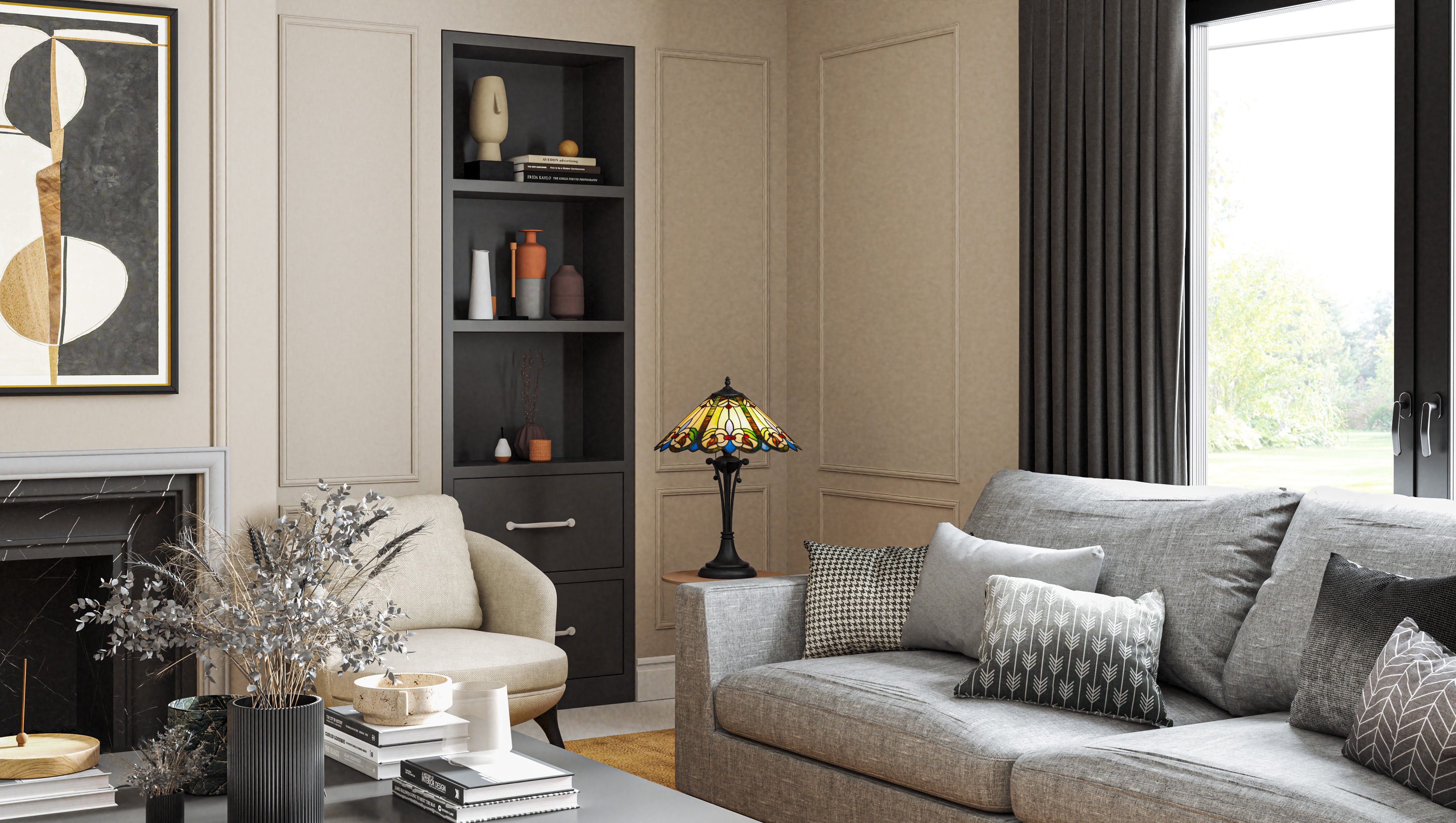 Quoizel Giles stolní lampa matte black vitráž