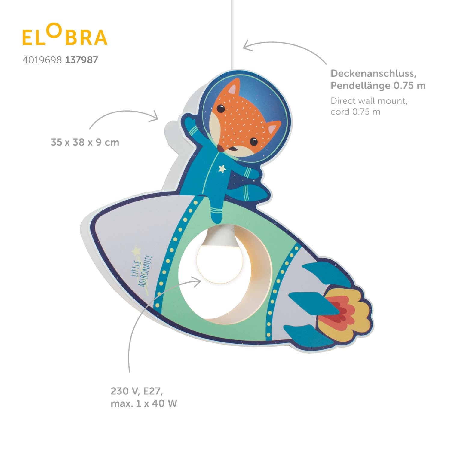 Elobra Little Astronauts Rakete závěsné světlo petrol