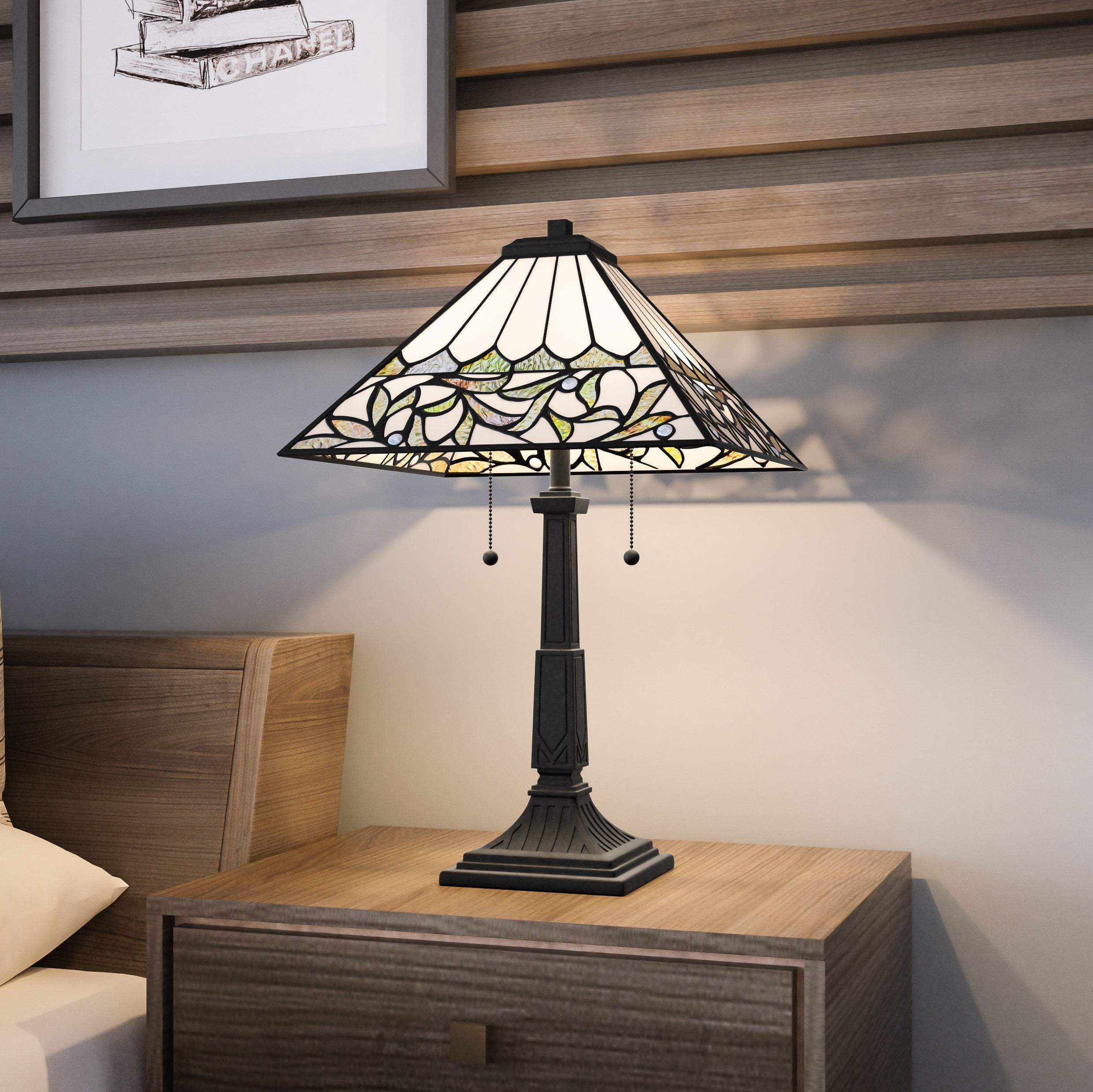 Quoizel Galahad stolní lampa matná černá vitráž