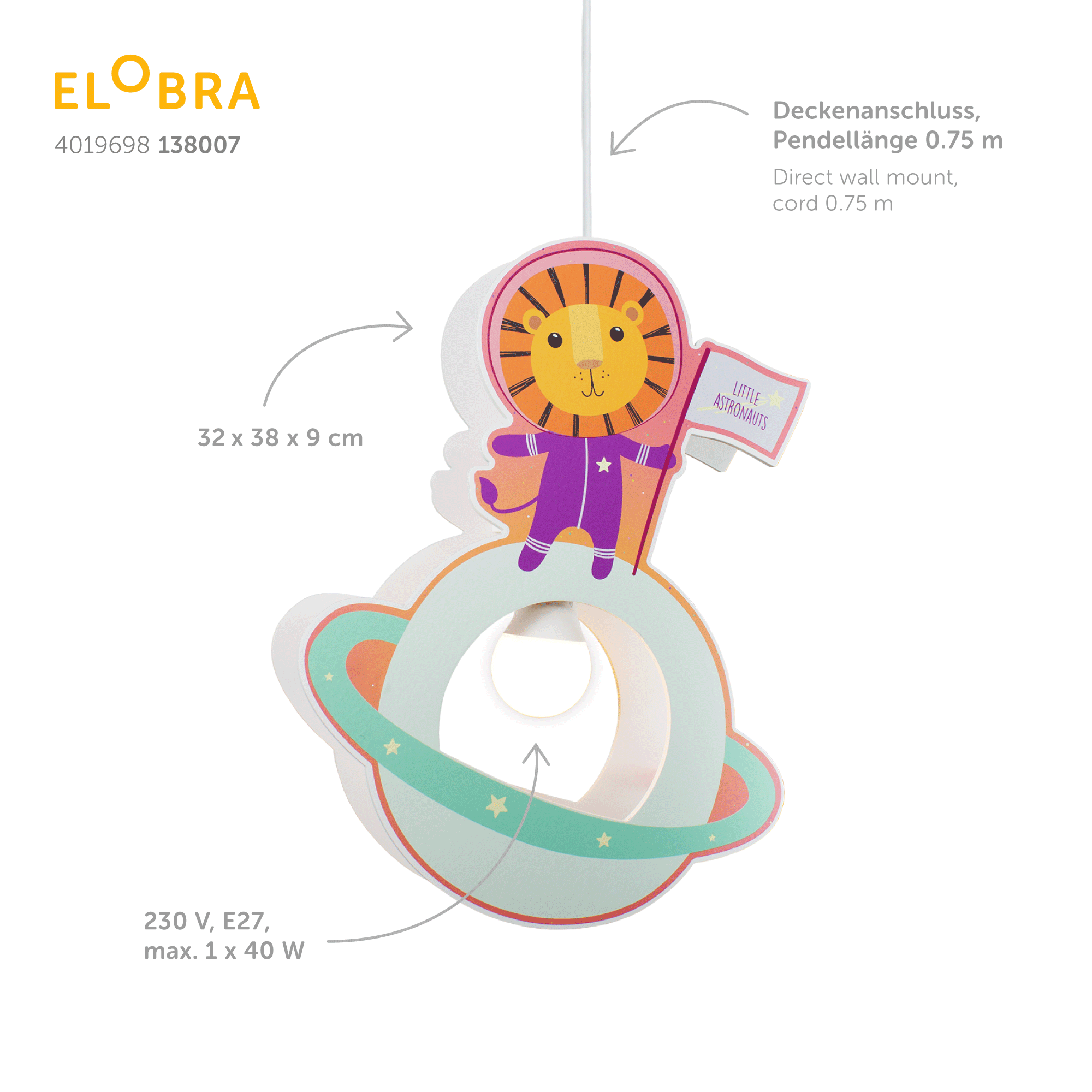 Elobra Little Astronauts Löwe závěsná lampa lev fialová