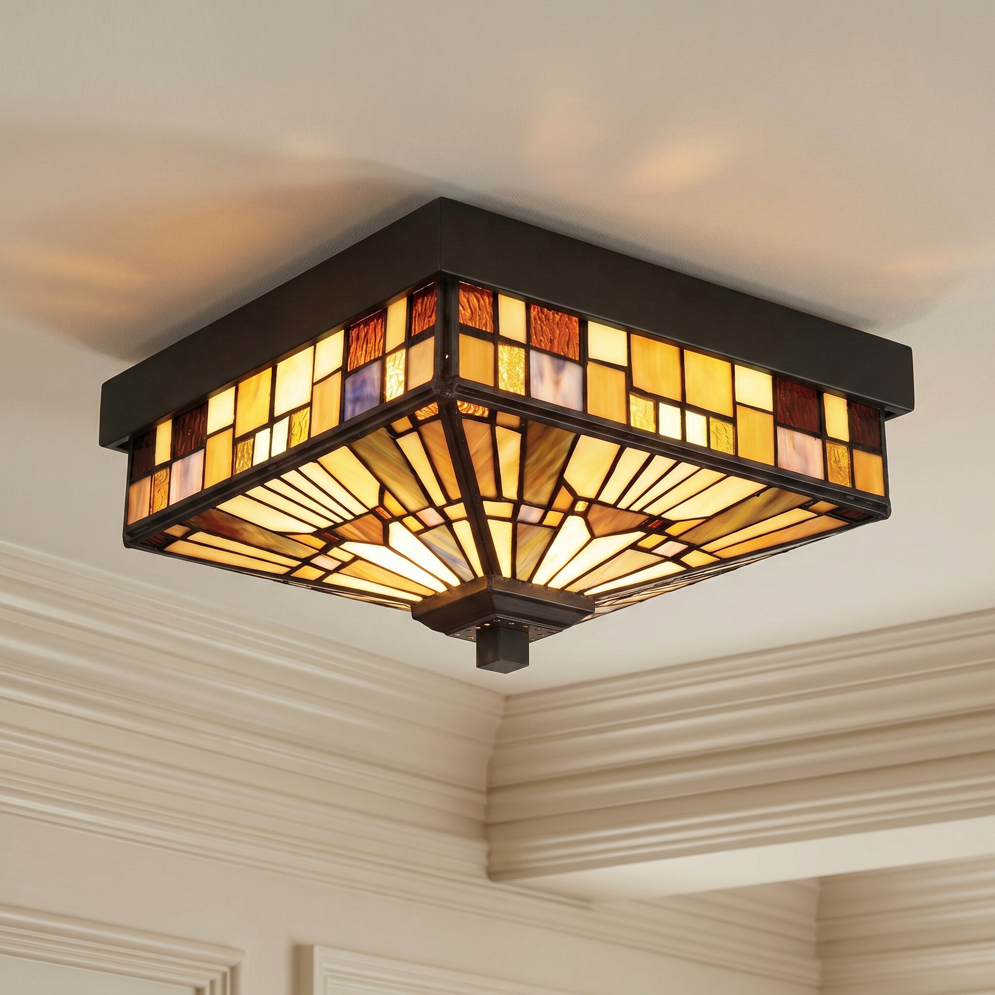 Quoizel Inglenook stropní svítidlo bronz 28 cm vitráž