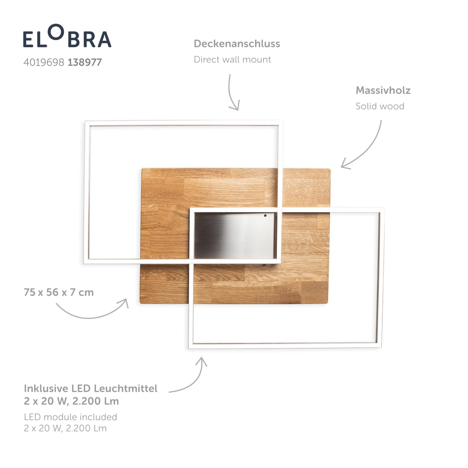 Elobra Panama L stropní svítidlo dub 75 cm stmívatelné