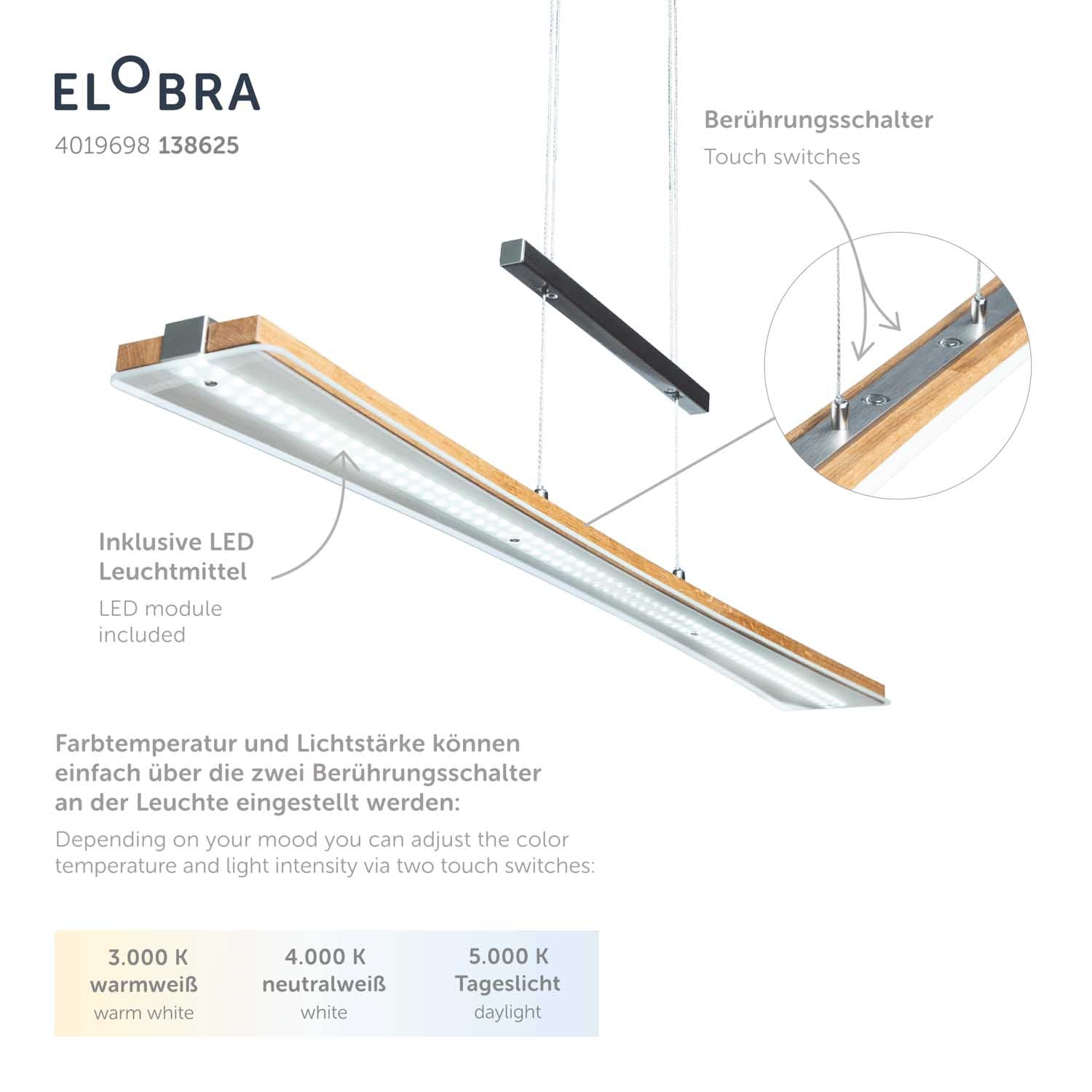 Elobra Panama závěsné LED světlo dub 100 cm dotykové