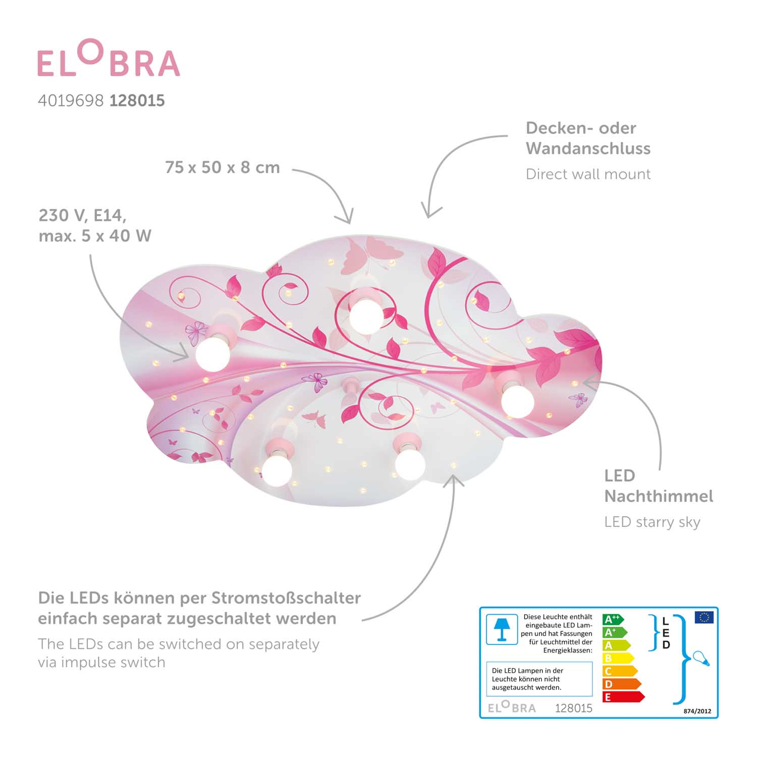Elobra Wolke Blume-Phantasie stropnice růžová 5xE14